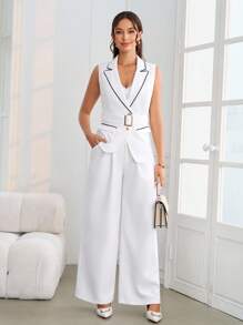 Ellevyn Completo elegante da donna con top a collo alla coreana a contrasto di colore e pantaloni a gamba ampia con tasche, set di abbigliamento primaverile, autunnale e invernale, adatto per l'ufficio e il casual business per donne