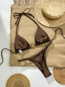 Swim Vcay Bộ đồ bơi bikini 2 mảnh nữ màu trơn, dây quai mảnh, trang trí kim loại, quần thong, cho mùa hè đi biển nghỉ dưỡng - Cà phê nâu - Xem 2