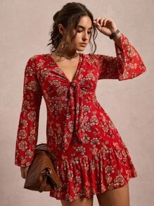 SHEIN VCAY 大码休闲花卉印花喇叭袖连衣裙 - 彩色 - 查看 6