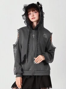 ROMWE EDITION 洛丽塔动漫可爱水钻猫耳灰色连帽蕾丝运动衫 - 深灰色 - 查看 9