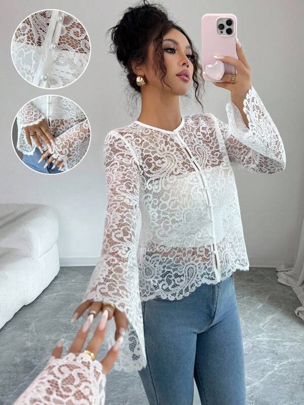 Elenzga Elegant Round Neck Lace Pearl Button Decor Cardigan Thin Jacket For Women