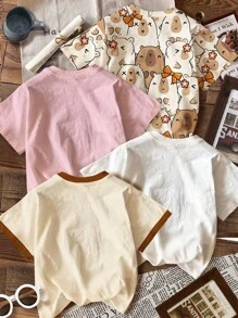 4 件装年轻女孩休闲可爱水豚图案圆领短袖基本款 T 恤，适合春夏季、凉爽夏季、度假氛围、夏季户外、轻松舒适、年轻女孩秋季分层穿着、时尚年轻女孩、休闲装、年轻女孩图案服装、秋季服装水豚衬衫儿童水豚 T 恤女童水豚上衣可爱水豚儿童 T 恤幼儿水豚衬衫 - 彩色 - 查看 2