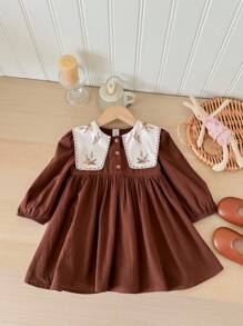 SHEIN LMoss Kids Vestido de manga comprida com gola Peter Pan e estampa floral vintage LMoss Baby Girl, outono/inverno - Ferrugem Marrom - Ver 7