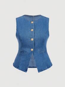 SHEIN MOD Bộ 2 món áo không tay cổ tròn cài nút phía trước màu trơn cỡ lớn và quần jeans ống rộng - Rửa trung bình - Xem 8
