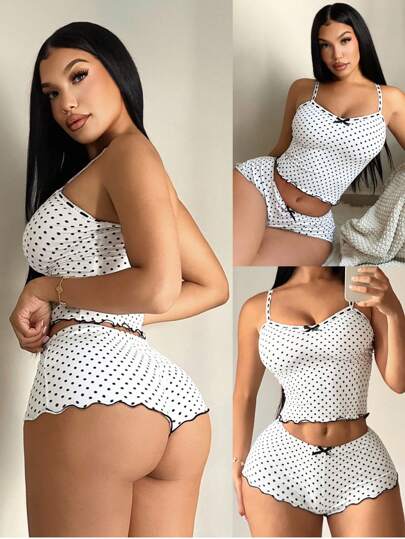 SHEIN SXY Women's Casual Polka Dot Sleepwear Set - Camisole Top + Shorts, 2Pcs Polka Dot Pajama Set Women Polka Dot Pajama Set