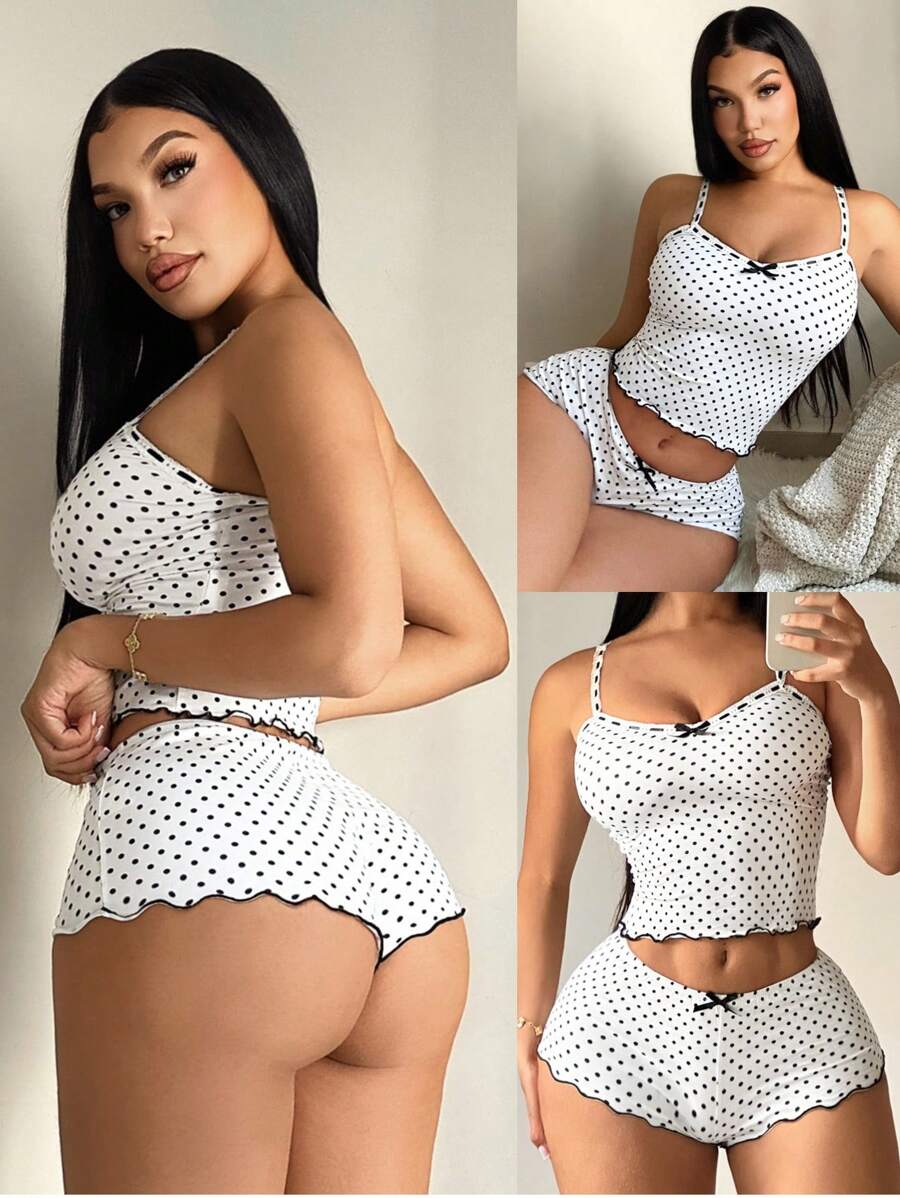 SHEIN SXY 大码女士性感休闲波点睡衣套装 - 吊带背心+短裤，两件套波点睡衣套装，女士波点睡衣套装，可爱蝴蝶结，适合居家、休闲、街头风、西式穿搭、音乐节、复古、极简主义、演唱会、嘉年华派对、度假村、郊游、假期、假日、约会之夜、聚会、生日、单身派对、辣妹风、休闲风、锐舞派对、简约风、时尚风、夜店风、可爱风、休闲风、购物、街头风、外出、Y2K、Y3K风格，易于搭配，显瘦，凸显身材，修饰身形。 - 黑與白 - 查看 1