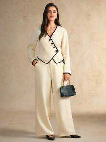 Flouryn 2 件大码女式优雅饰边单排扣长袖上衣和裤子套装秋季女装工作服女装秋季女装秋季套装女式裤套装正式裤套装 - 杏色 - 查看 1