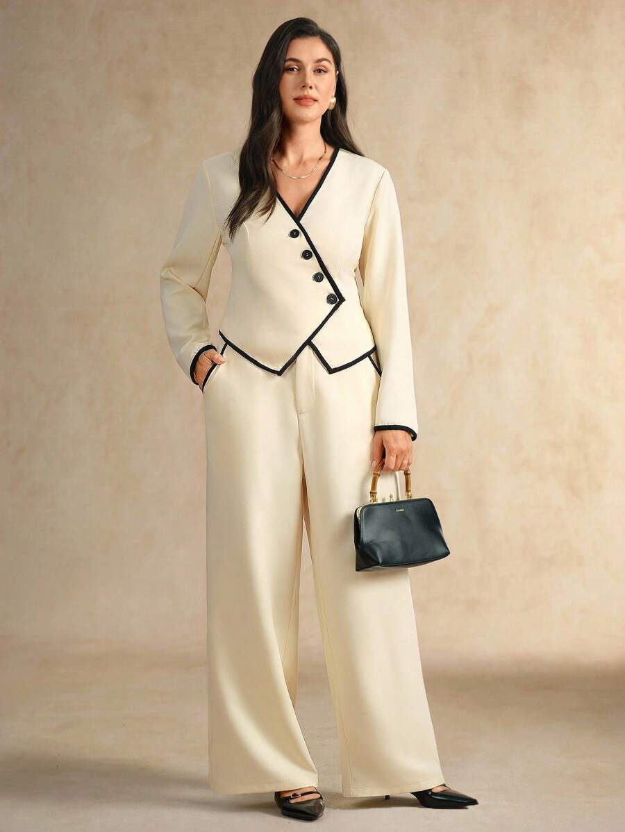 Flouryn 2 件大码女式优雅饰边单排扣长袖上衣和裤子套装秋季女装工作服女装秋季女装秋季套装女式裤套装正式裤套装 - 杏色 - 查看 1