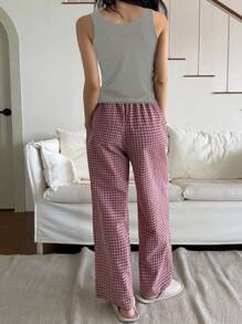 DAZY 纯色针织无袖上衣和直筒格子睡裤女士睡衣套装 - 灰色 - 查看 2