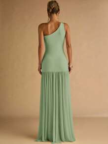 SHEIN BAE 女士杏色不对称肩部金属扣装饰紧身连衣裙，透明下摆，优雅 - 薄荷綠 - 查看 2