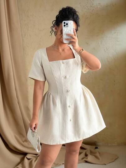 Roveilla Plus Size Women Square Collar Short Sleeve Button Design Elegant Dress