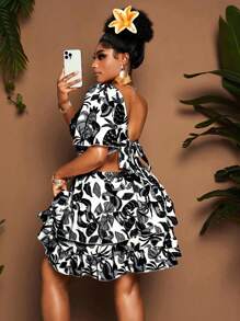 Maweii Plus Size Women's Elegant Vacation Style Floral Print One Shoulder Puff Sleeve Backless Belted Ruffle Hem A-Line Mini Dress, Spring/Summer - Black - View 4