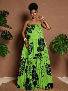 Maweii Plus Size Summer Floral Print Ruffle Hem Loose Strap Dress - Multicolor - View 6