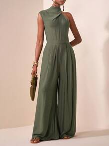 Veslaya 2025秋冬新款休闲度假日常约会通勤优雅沙滩邮轮派对简约网红爆款高领无袖一字肩宽松连体裤阔腿裤 - 綠色 - 查看 6