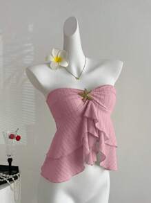 Sweetra Romantic Versatile Double Ruffle Hem Starfish Knot Decor Cropped Tube Top - Pink - View 5