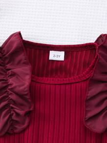 Glamorique Kids 女宝宝荷叶边盖袖罗纹网眼圆领夏季公主休闲连衣裙（配腰带） - 酒紅色 - 查看 3