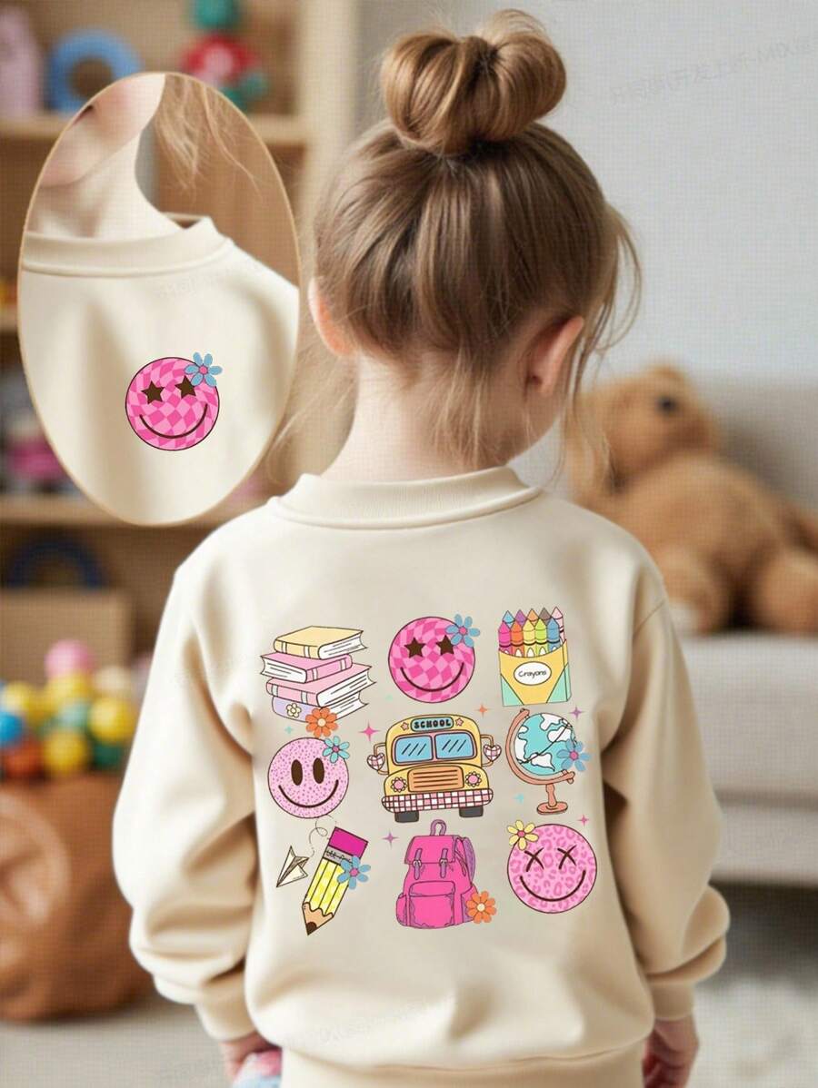 女童休闲舒适保暖圆领长袖卫衣，秋冬季返校季，动物印花图案，适合学校、返校季、小狗图案T恤等。 - 杏色 - 查看 1