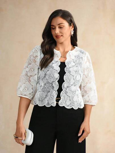 Flouryn Damen Jacke in Große Größen mit 3/4 Ärmeln aus elegantem Jacquard-Gewebe