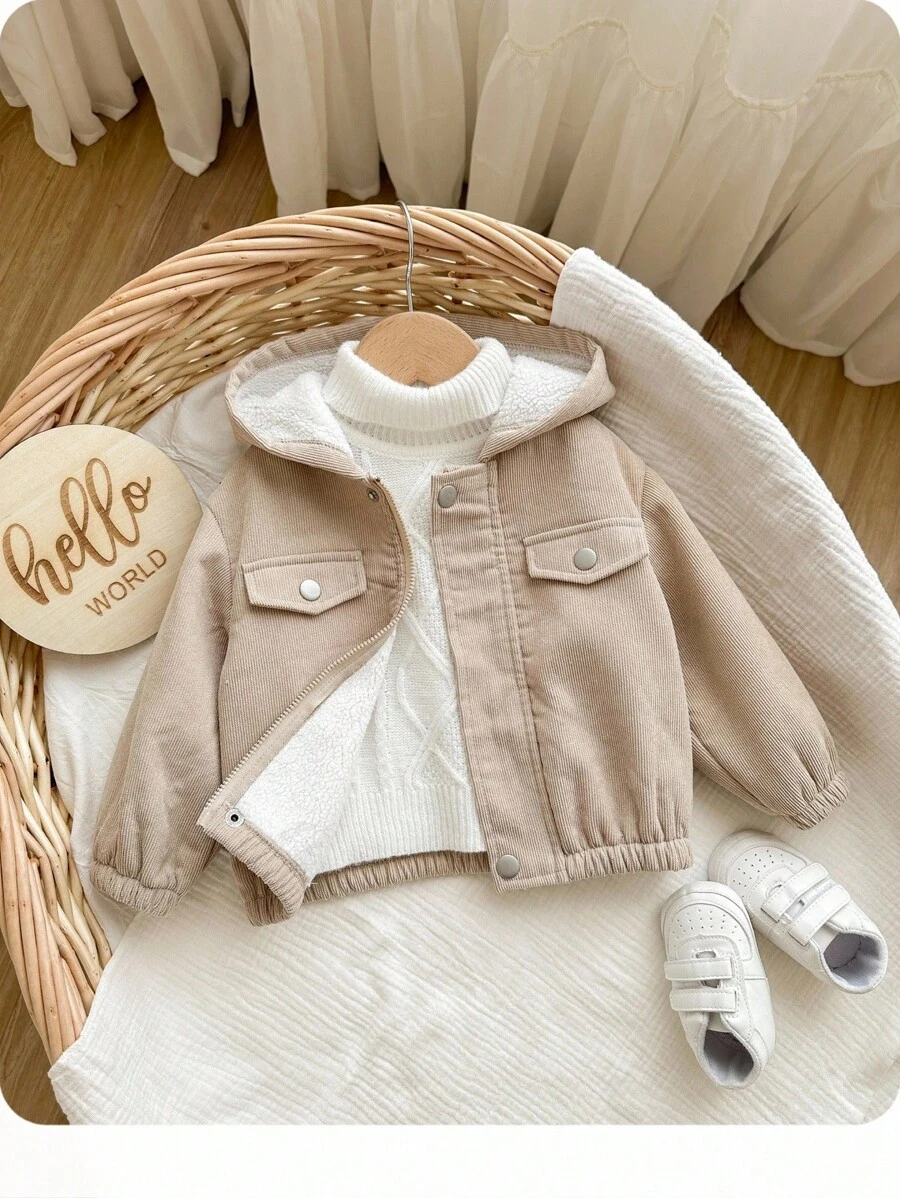 SHEIN Babygirl 卡其色休闲灯芯绒连帽夹克,百搭秋冬 - 卡其色 - 查看 1