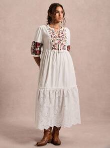 Freevana 大码女式花卉印花灯笼袖系带休闲连衣裙 - 白色 - 查看 3