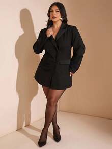 SHEIN BAE 秋冬大码女式纯色双排扣长袖西装外套 - 黑色 - 查看 3