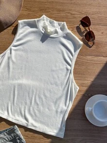 Comfortcana Plus Size Solid Color Self-Heating Ribbed Turtleneck Casual All-Match Vest White Sleeveless Top White Crop Top High Neck Top White Ribbed Top Sleeveless Turtleneck