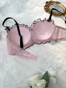 DelicateAllure 粉色字母图案可爱蕾丝设计时尚聚拢文胸，粉色蕾丝文胸，可爱聚拢文胸，蕾丝半罩杯文胸，舒适优雅细节内衣文胸 - 粉色 - 查看 5
