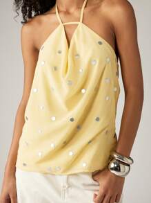 AiiRZ 雪纺吊带上衣，银色金属波点图案，夏季无袖衬衫，适合晚宴、派对、节日、假日等场合穿着 - 黃色 - 查看 4
