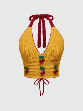 Kawaii Maglietta a maglia a collo alto con ciliegie 3D lavorata a maglia, aderente, adatta per le vacanze, per donne