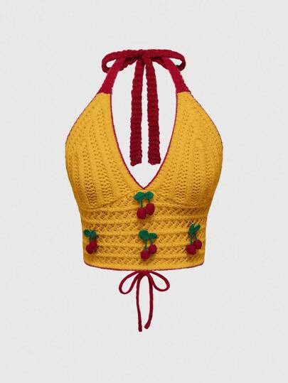 Kawaii Vacation Sweetheart 3D Crochet Cute Cherry Fitted Halter Neck Knit Top For Women