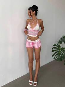 Aloruh 2 pezzi/Set, Completo estivo da vacanza, regata fatta a mano a uncinetto con decorazione floreale a contrasto di colore e mini gonna super corta a contrasto di colore per donna