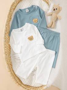 SHEIN 4-Piece/Set Newborn Baby Boy Cute Cartoon Teddy Bear Embroidered Long Sleeved T-Shirt Pants Soft Ribbed Knitted Blue And White Stripe Autumn Holiday - Multicolor - View 3