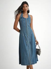 Daynim 女式休闲拉链挂脖牛仔连衣裙 - 中等水洗藍 - 查看 4