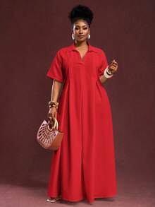 Slaydiva 春夏新款度假通勤休闲白色宽松短袖V领褶皱A字长款衬衫裙，大码女装 - 紅色 - 查看 8