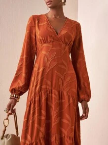 Zivah 2025 Fall Early Autumn New Arrival, Suitable For Birthday Party, Back To School, Campus Style, Daily Wear, Casual, Vacation, Cruise Travel, Beach, Sunbathing, Fashionable, Streetwear, Elegant, Commute, Business Casual V-Neck Long Lantern Sleeve, Waist Cinched A-Line, Multi-Layer Ruching, Extra-Wide A-Line, Brown Cutout Fabric, Early Autumn Extra-Long Dress, Women Maxi Dress - Brown - View 3