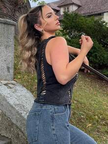 Jeta Ari Plain Knitted Cropped Washed Tank Top For Women - Black - View 6