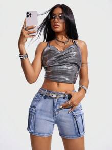 Jeanoix 女士休闲工装口袋牛仔短裤 - 淺色水洗藍 - 查看 2