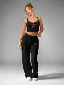 Missguided x Playboy 圣诞吊带露脐上衣和阔腿裤睡衣套装 - 黑色 - 查看 1