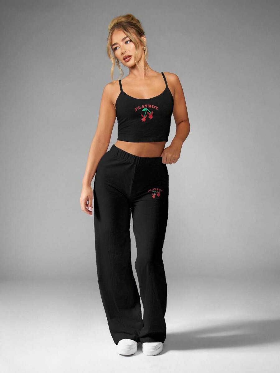 Missguided x Playboy 圣诞吊带露脐上衣和阔腿裤睡衣套装 - 黑色 - 查看 1