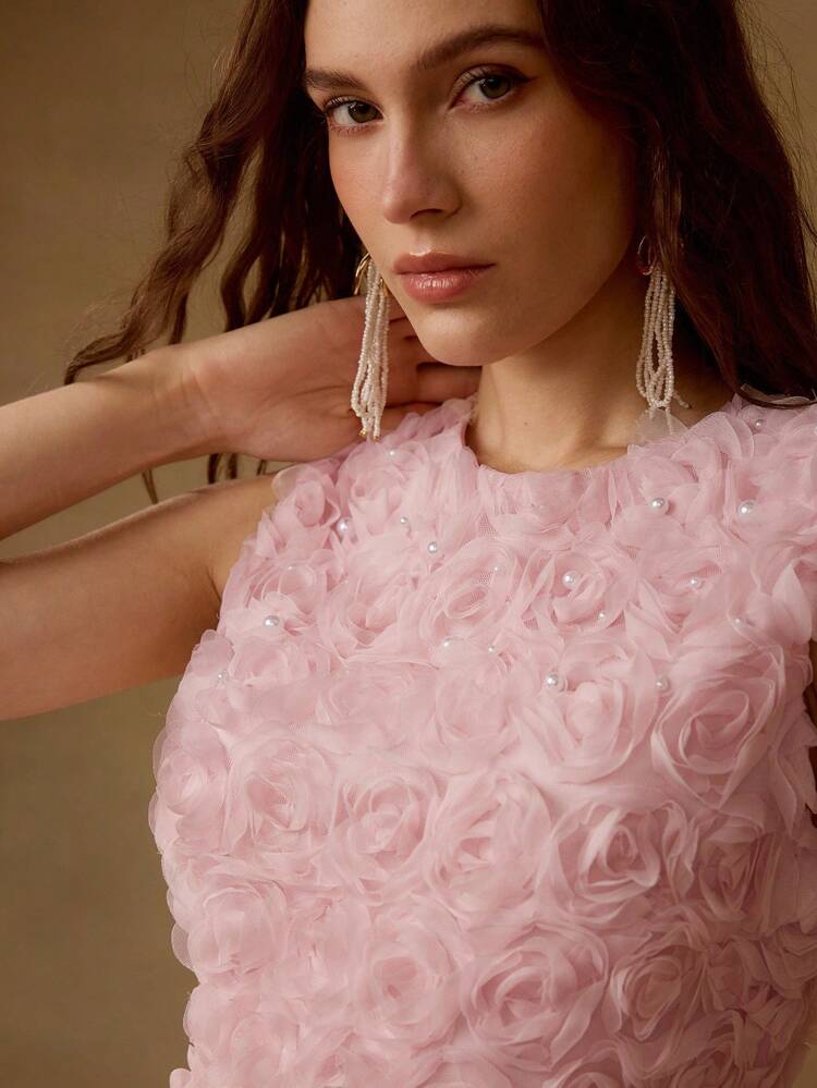 FAUX PEARL DETAIL APPLIQUES PROM DRESS