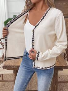 SHEIN LUNE New Soft & Cozy V-Neck Cropped Cardigan Sweater For Women, Personalized Color Blocking, Suitable For Spring & Autumn - Apricot - View 8