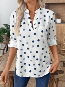 EMERY ROSE Women's Polka Dot Print V-Neck Cuffed Sleeve Pocket Casual Shirt, Suitable For Daily Commute, Autumn - White - View 3