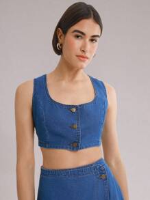 Daynim Atasan Rompi Denim Pendek Tanpa Lengan untuk Wanita - Medium Wash - View 4