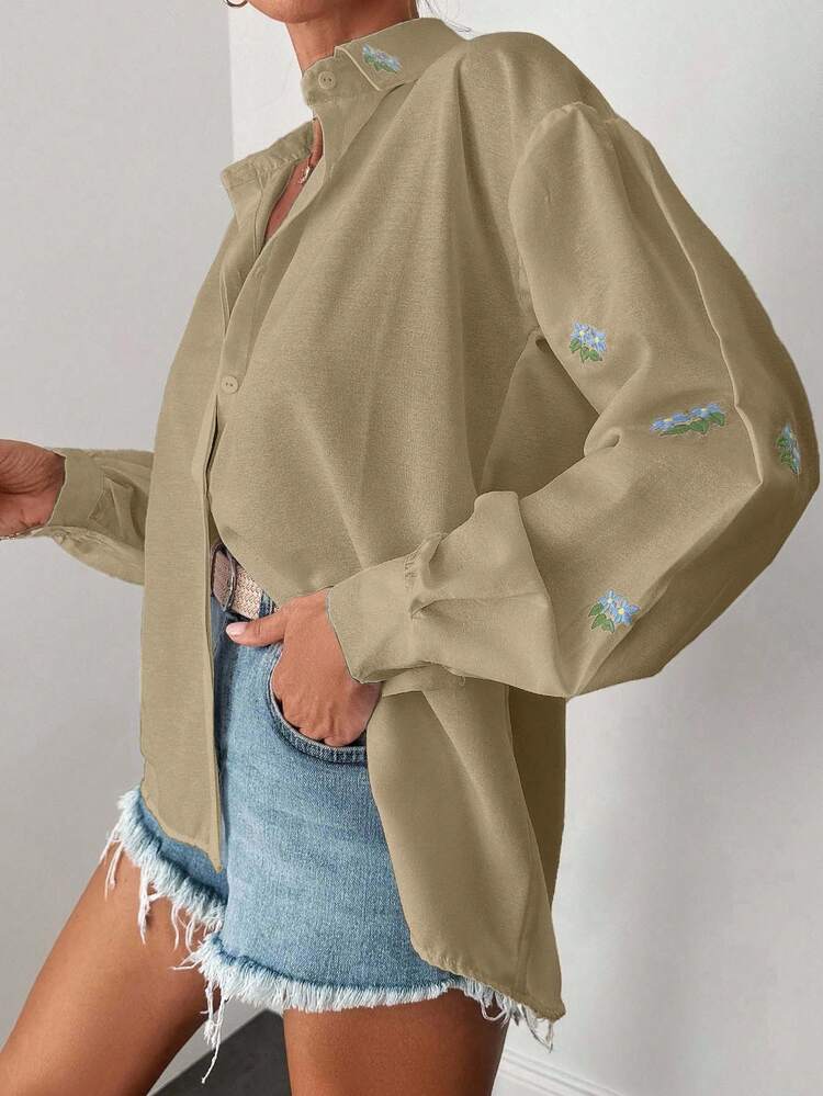 EURMUSE Cotton Floral Embroidery Drop Shoulder Shirt - Beige - View 4