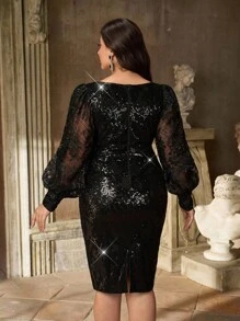 Aureia 加大码优雅浪漫黑色甜心领奢华刺绣亮片拼布透明长袖紧身鸡尾酒会连衣裙 - 黑色 - 查看 5