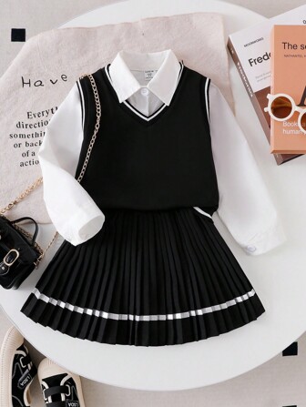 Retour à l'école Filles (Petit) Style Collégial Gilet en Tricot, Chemise à Manches Longues Blanche, Jupe Plissée 3 Pièces Costume, Uniforme Scolaire pour Enfants