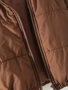 SHEIN Sparklyn Girls' Casual Minimalist Stand Collar Long Sleeve Short Loose Solid Color Fleece Padded Padded Coat, Autumn/Winter, Coffee Color Fall