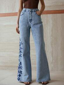 MOTF PREMIUM Vaqueros de pierna acampanada con bordado de patrón floral - Azul - Ver 4