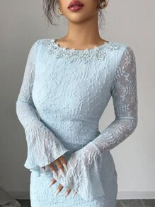 Modelyn Elegant Boat Neck Bell Sleeve Fitted Mermaid Hem High Stretch Textured Knit Dress Fall Cloth For Women - Blue - View 7
