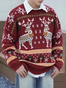 DAZY 秋季男士休闲鹿纹落肩长袖针织毛衣，圣诞节 - 彩色 - 查看 7
